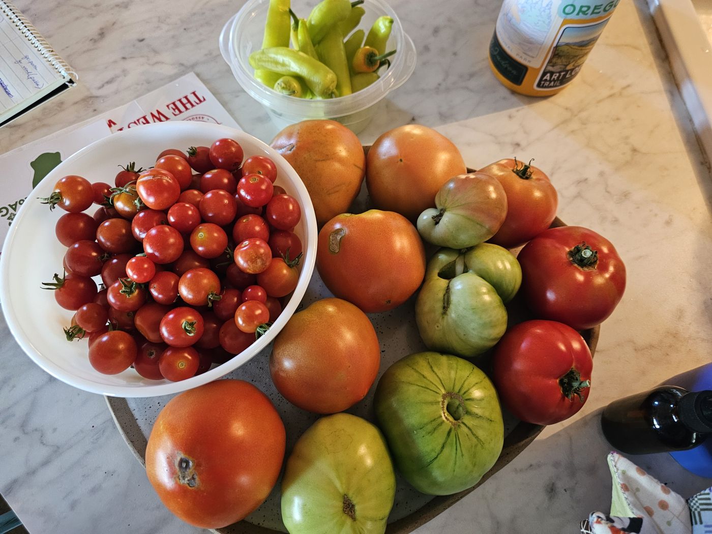 Garden tomatoes and peppers harvested at the farm